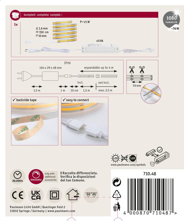 Image du produit Paulmann MaxLED 1000 Full-Line COB Stripe Set (Blanc chaud, 150 cm, Intérieur)
