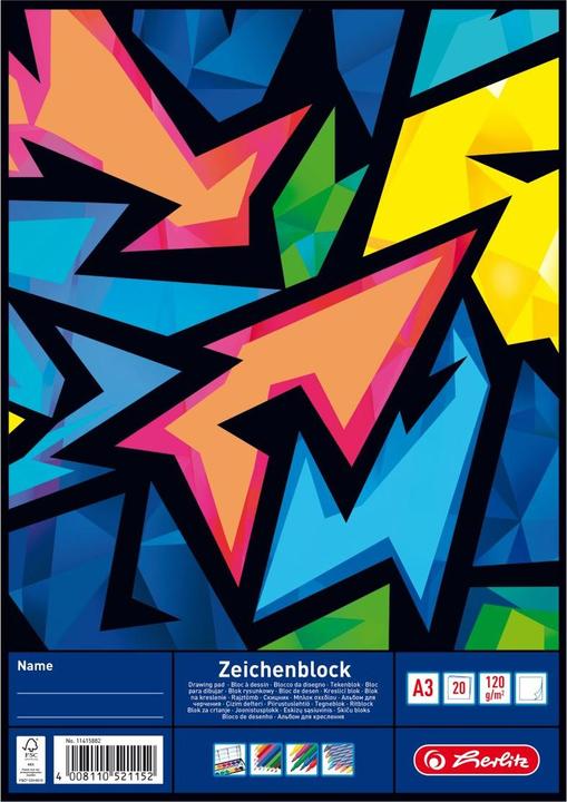 Actual product image Herlitz Drawing pad DIN A3, 120 gsm, 20 sheets woodfree, sturdy spine board, with name field on the (A3, No binding)