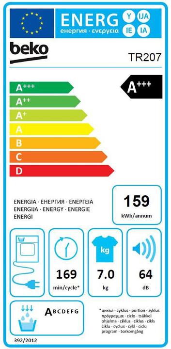 Etichetta energetica Beko Asciugatrice TR207, 7kg, A+++ (7 kg, A destra)