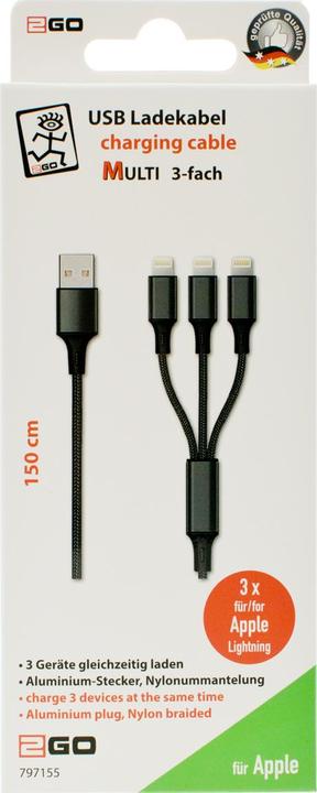 Produktbild 2GO 797155 USB Kabel USB B USB C/Micro-USB B/Lightning (1.50 m)