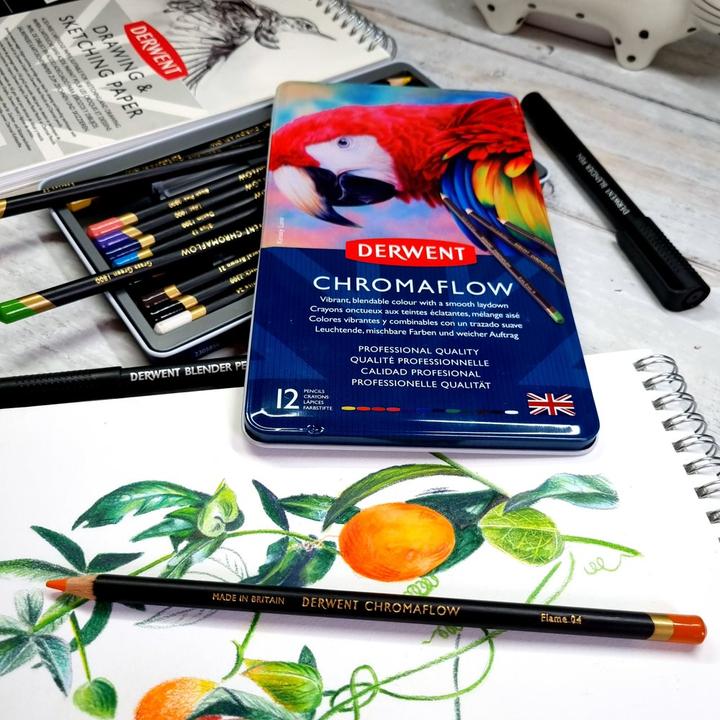 Actual product image Derwent Chromaflow coloured pencils (Blush Pink, Fleming, Natural Brown, Scarlet, grass green, Denim, Sun Yellow, Blue, Basil, Black, Lilac, White, 12 x)
