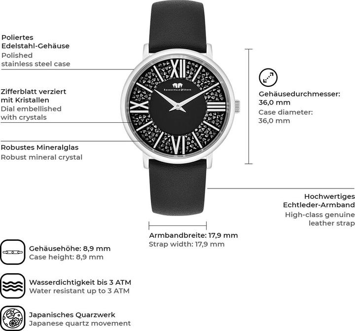 Produktbild Damen Quarzuhr Pamina Echtleder schwarz - 23866 (Analoguhr, 36 mm)