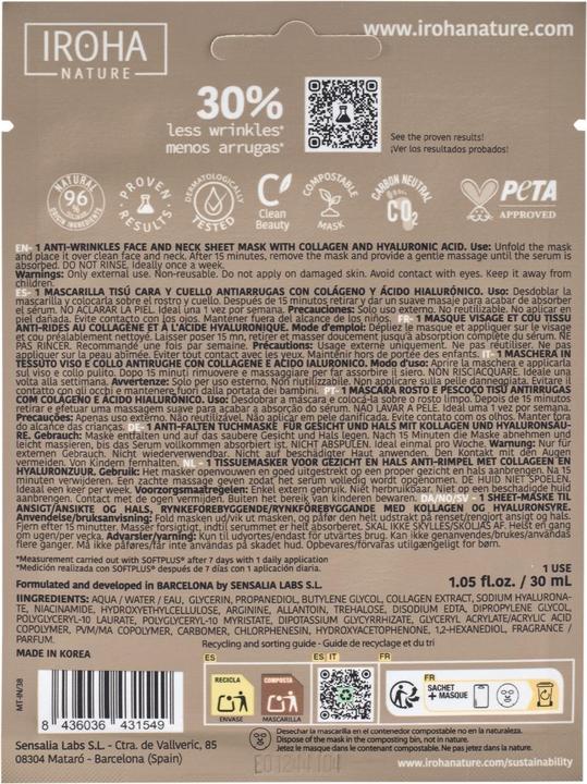 Actual product image Iroha Nature Nature - Cotton Face & Neck Mask Anti-Age (30 ml)