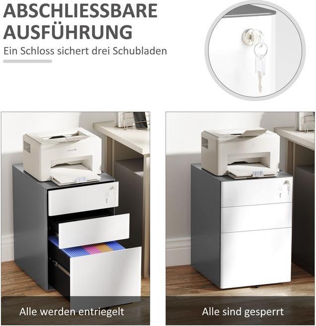 Immagine prodotto Swisshandel24 Rollcontainer, mobiler Aktenschrank mit 3 Schubladen, abschliessbar, 39x48x59cm, weiss+grau (39 x 48 x 59 cm)