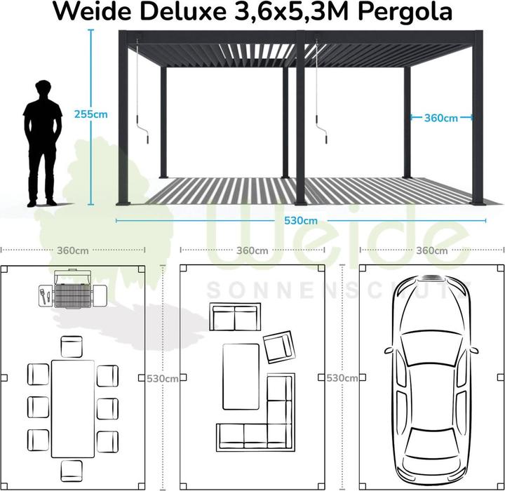 Produktbild Weide Deluxe | Voll-Alu-Pavillon | 3,6 x 5,3 M | Lamellendach anthrazit | Pergola freistehend (534.40 cm, 361.80 cm)