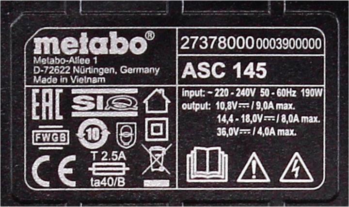 Produktbild Metabo Akku Basis Set 18V mit 1x Akku LiHD 8,0Ah ( 625369000 ) + Ladegerät ASC 145 ( 627378000 ) (18 V)