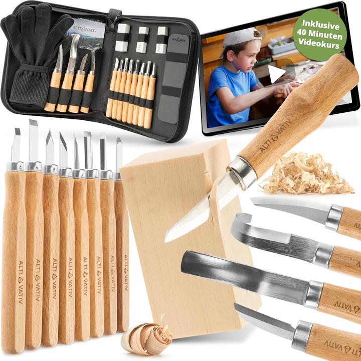 Produktbild Altivativ 18-teiliges Holzschnitzwerkzeug Set mit Handschuhen, Schleifset