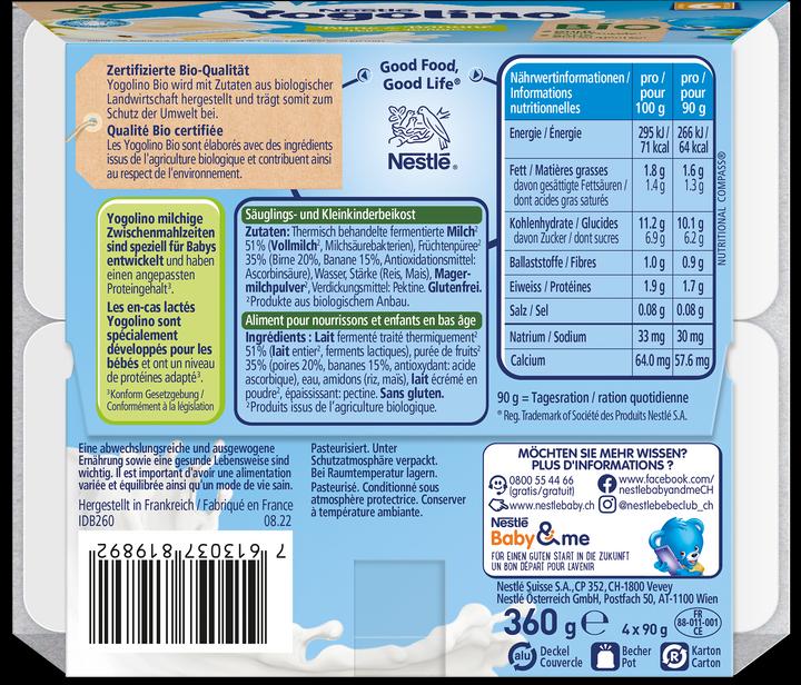 Valeurs nutritives et ingrédients Yogolino Bio Pear & Banana - Après 6 mois (360 g)
