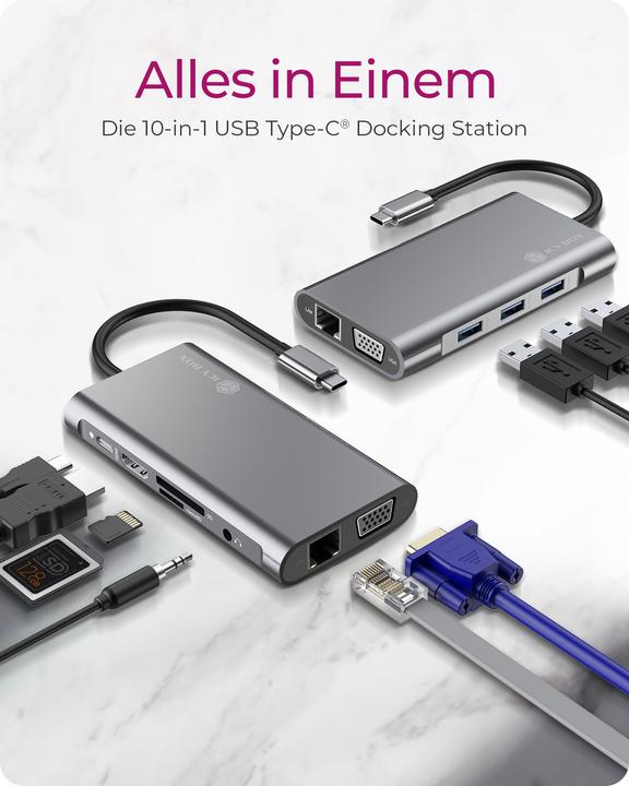 Actual product image Icy Box IB-DK4040-CPD - USB Type-C mini Dock PD (USB-C, 10 Ports)