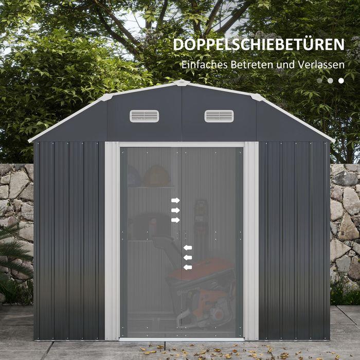 Produktbild Swisshandel24 Gerätehaus Stahl 2,7m² UV-Schutz 2 Schiebetüren Regal Fundament Dunkelgrau 238x132x198,5cm