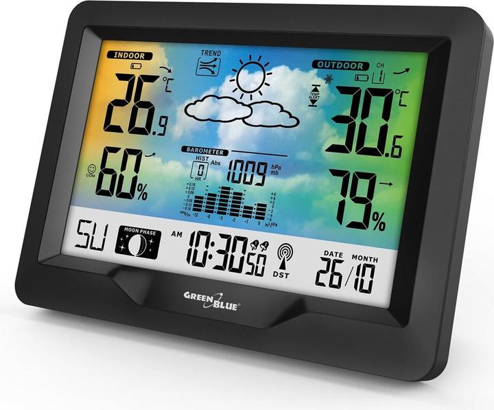Greenblue Funkwetterstation Farbe mit DCF Mondphasen Barometer Kalender Netzteil GB540N