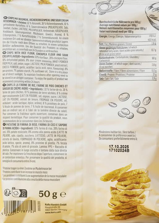 Produktbild KoRo Chips mit Reismehl, Kichererbsenmehl und Sour Cream Geschmack (700 g)