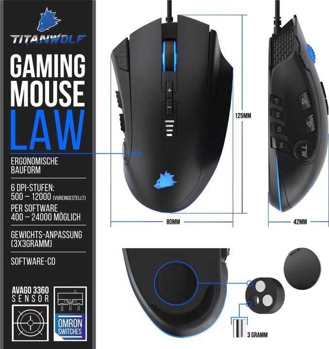 Produktbild Titanwolf Gaming Maus kabelgebunden, Gaming Mouse mit 24000 dpi & Gewichtstuning, 12 Tasten. Avago Sensor (Kabelgebunden)