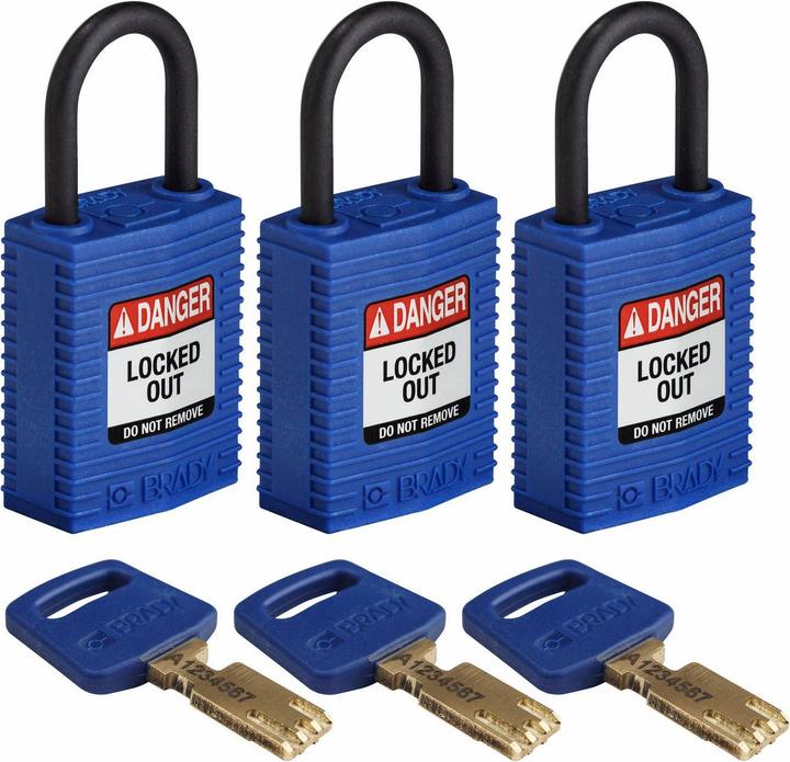 Produktbild Brady Safekey Kompaktes Nylon-Sicherheitsschloss mit Nylonbügel, Blau, 25 mm Bügelhöhe, 4.3 mm Büg