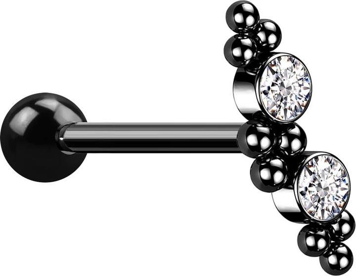 Star Piercing Micro Barbell schwarz mit Kugel zwei Kristallen silber und Kugeln (ohne Messing, Chirurgenstahl 316L)