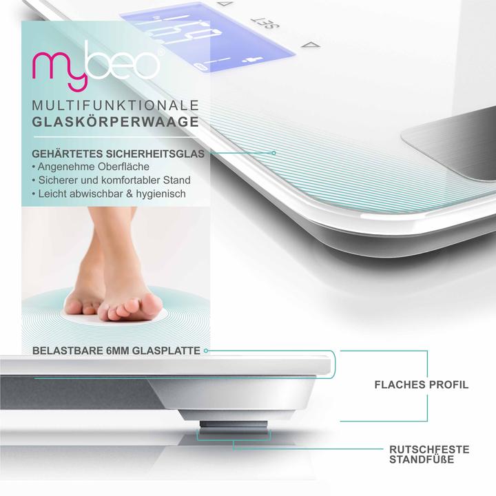 Produktbild Mybeo Digitale Körperfettwaage, LCD-Display, 7 Indikatoren. max. 10 Profile, Diagnosewaage, Analysewaage (180 kg)