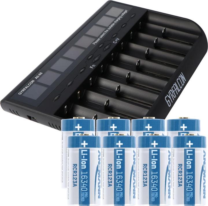 Actual product image AccuCell 8fach Schnell-Ladegerät und 8 Stück CR123 A Li-ion Akku (1 pcs., CR123A, 760 mAh, Battery + charger)