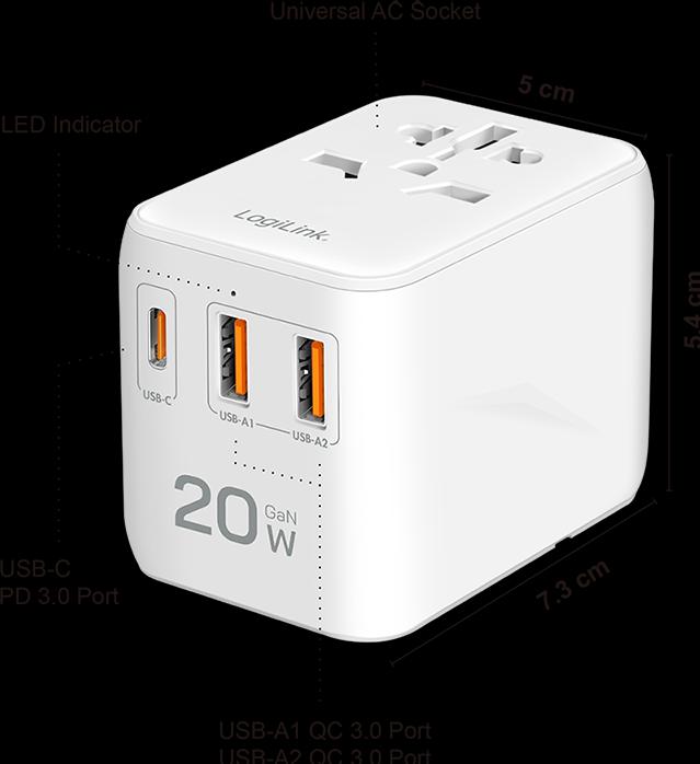 Actual product image LogiLink Universal-Reisenetzteil, 20 W (PD), 4x-Anschlüsse, feuerfest, weiss