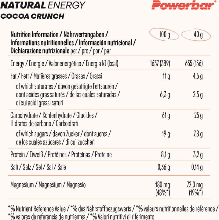 Nährwerte und Zutaten Powerbar Natural Energy Cereal (Kakao, Knuspern, 18 Stk., 720 g)