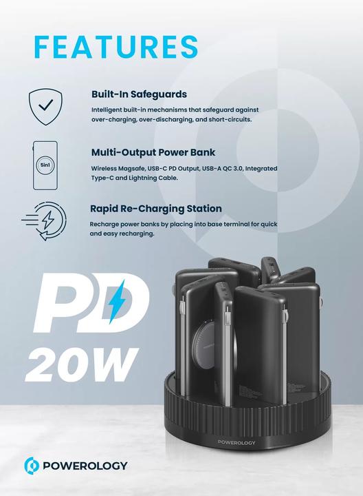 Produktbild Powerology 8in1 Station 10000mAh PD 120W QC Wireless Power Bank (10000 mAh, 20 W, 37 Wh)