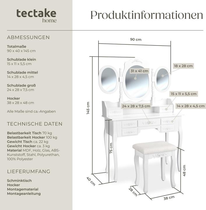 Actual product image tectake Dressing Table (90 x 40 x 145 cm)