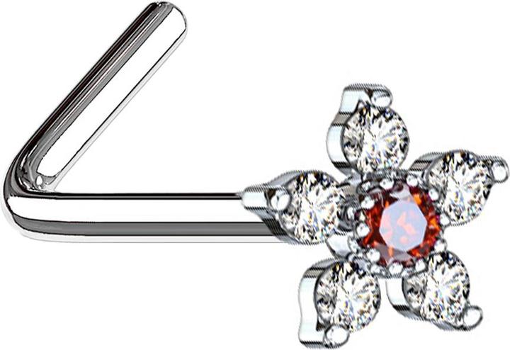 Star Piercing Nasenstecker gewinkelt silber Blume mit Kristall rot und silber (Chirurgenstahl 316L, Messing)