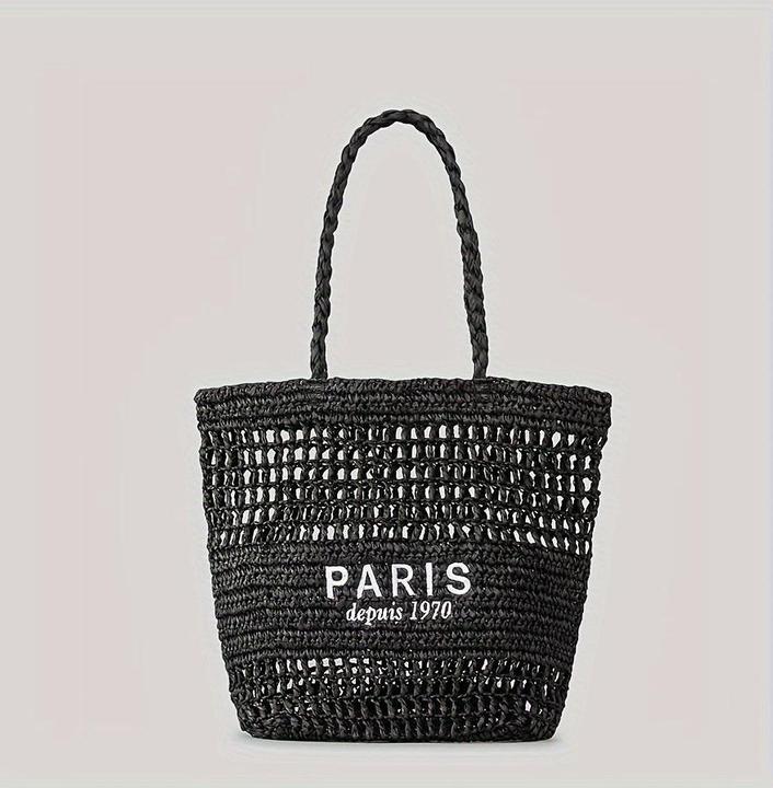 Produktbild Only-Bags.Store Ausgehöhlte Stroh gewebte Einkaufstasche, modische Stickerei-Buchstaben-Umhängetasche, Strandtasche