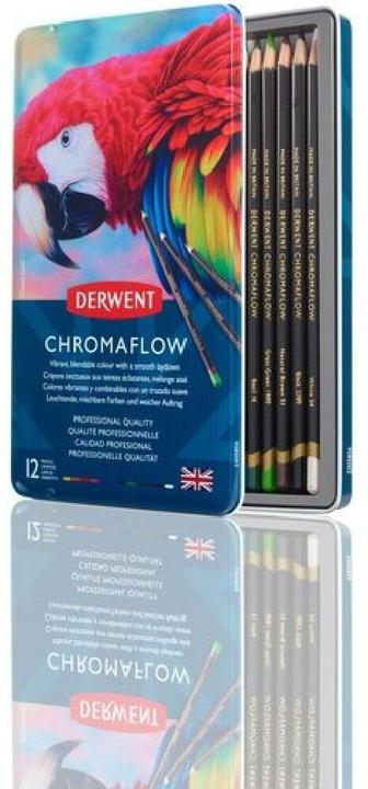 Actual product image Derwent Chromaflow coloured pencils (Blush Pink, Fleming, Natural Brown, Scarlet, grass green, Denim, Sun Yellow, Blue, Basil, Black, Lilac, White, 12 x)