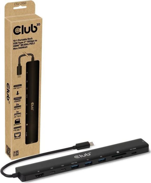 Productafbeelding Club 3D Club3D Tragbare Docking USB-C ->2xUSB-C/3xUSB-A/HDMI/SD BK retail (USB-C, 10 Havens)