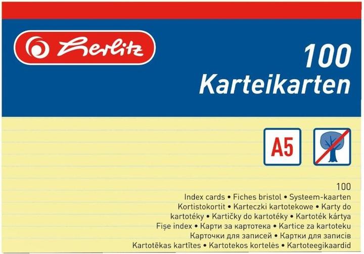 Energy Label Herlitz Index cards, DIN A5, lined, yellow made of paper, 170 gsm, woodfree, line color: blue, double (A5, 170 g/m², 100 x)