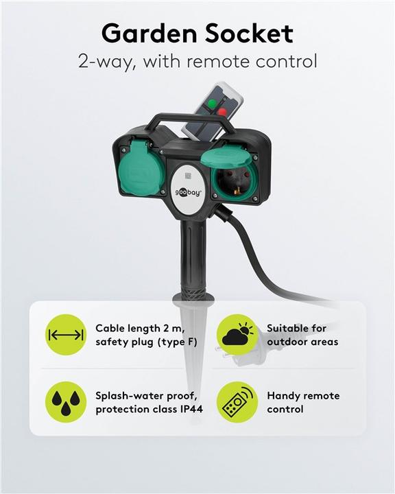 Actual product image Goobay Garden socket 2-fold with remote control (2 x, CEE 7/3, 2 m)