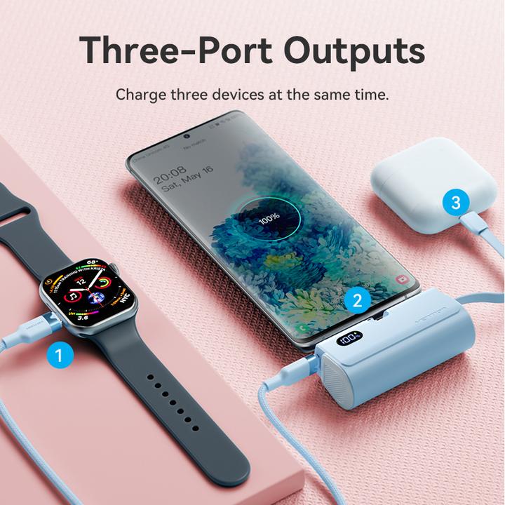 Actual product image Vention LED Display 4800mAh Power Bank (USB-C + Lightning + USB-C) 22.5W White Foldable USB-C Type (4800 mAh, 18 W, 17760 Wh)