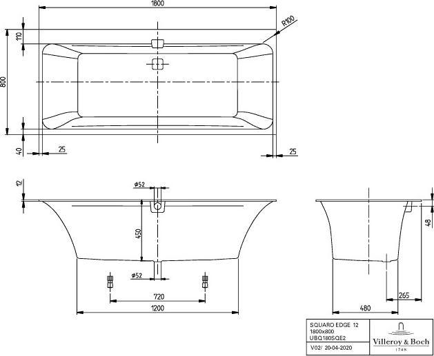 Produktbild Villeroy & Boch V&B Einbauwanne SQUARO EDGE 12 DUO R-eck1800x800mm we (180 l, 180 cm, 80 cm)