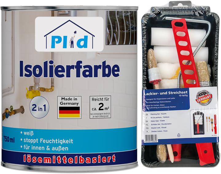Produktbild Plid Isolierfarbe 0,75L Weiss + Anstreichset / Wandfarbe Nikotinfarbe Innenfarbe (Weiss, 0.75 l)