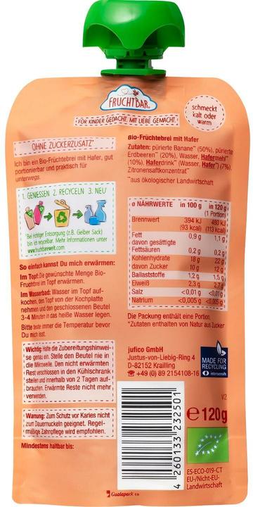 Nutritional values and ingredients Fruchtbar Organic strawberry, banana, oat squeeze pouches 8x 100 g (100 g)