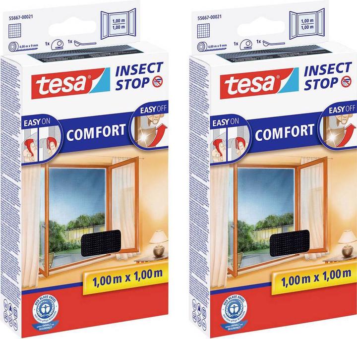 Produktbild tesa 2x Insektenschutz COMFORT für Fenster, mit Klettband, selbstklebend, ohne Bohren (100 x 100 cm)