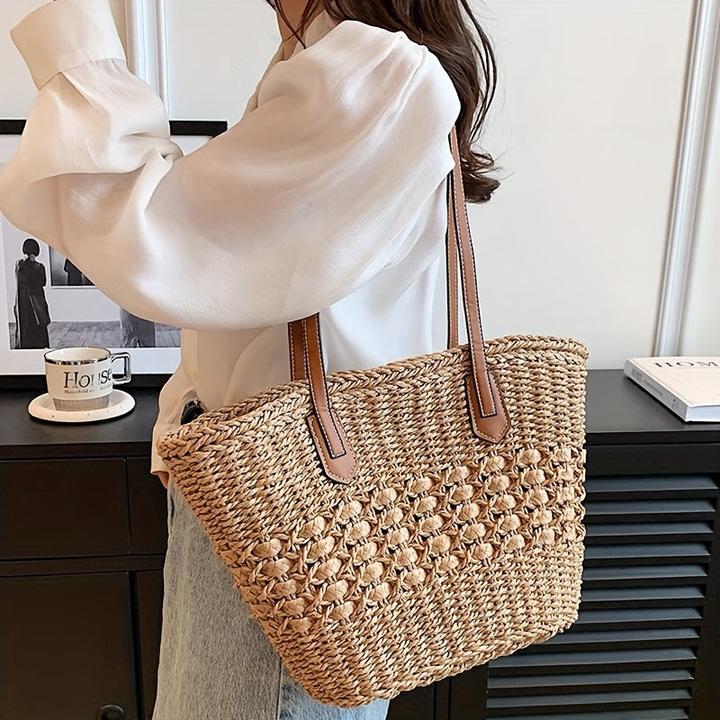 Actual product image Only-Bags.Store 1 Stück Mode Tasche, Urlaub, Reisen, Strand, Umhängetasche grosse Kapazität Weidenstroh Tasche