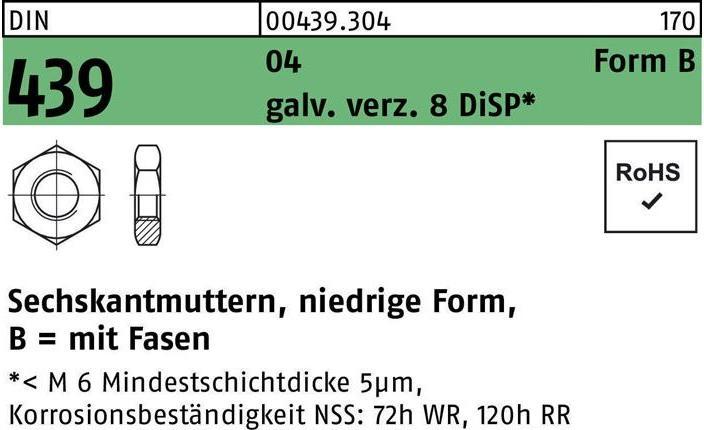 Produktbild Sechskantmutter DIN 439 Form B BM 5 Automatenstahl galv. verzinkt 8 DiSP (M5)
