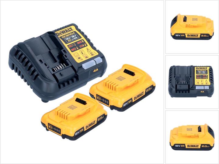 2 x Li-Ion Akkupacks DeWalt 18 V, 2.0 Ah, 1 x Ladegerät DeWalt DCB1104