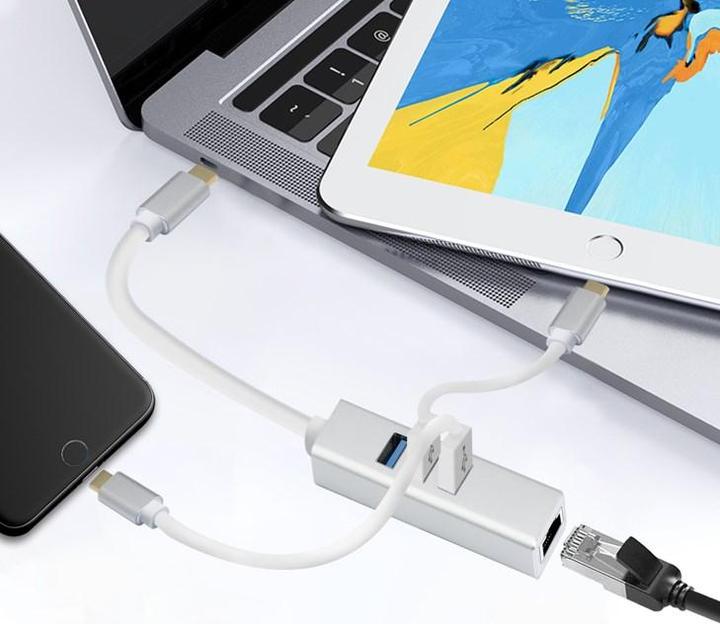Produktbild Helos HUB, USB 3.1 Type-C™St./3x USB + RJ45 Gigabit Ethernet, PREMIUM 4K, silber USB Type-C™ HUB mit USB (USB-C, 4 Ports)
