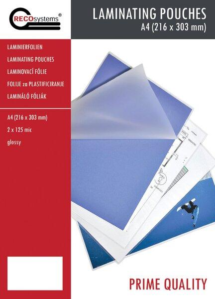 Immagine prodotto RECOsystems Laminierfolien, 216 mm x 303 mm, DIN A4, Stärke 2 x 125 Micron, glänzend (A4, 100 Pezzo/i, 125 µm)