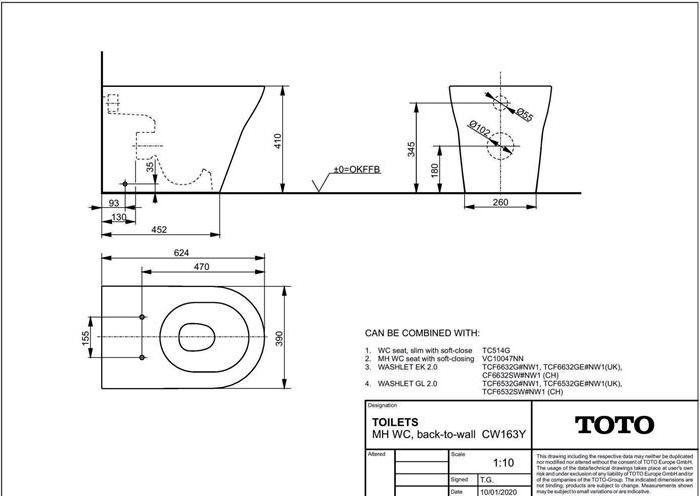 Actual product image TOTO MH pedestal WC deep, rimless, horizontal outlet white