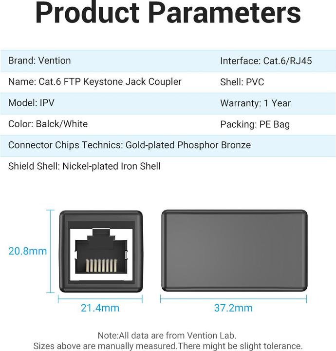 Productafbeelding Vention Keystone Jack Cat.6 FTP Aansluiting IPVB0 Zwart (Keystone module)