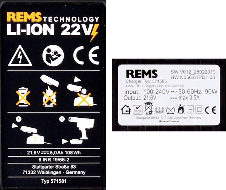 Image du produit Rems Kit batterie Power Pack 21,6V (22V max) avec 2x batterie 5,0Ah + chargeur 90W ( 571591 )