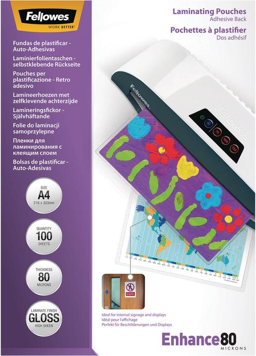 Produktbild Fellowes A4, 80 Mikron, selbsklebend (A4, 100 Stück, 80 µm)