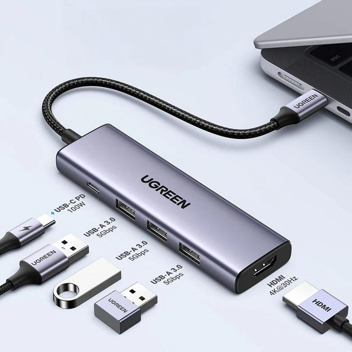 Immagine prodotto Ugreen HUB CM511 15597 5in1 USB-C - USB-C PD / HDMI / 3x USB-A 3.0 - grigio (USB-C, 5 Porti)