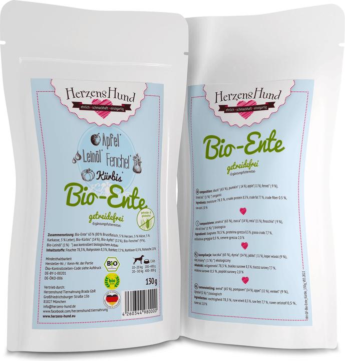 Image du produit HerzensHund Nourriture humide sans céréales Canard bio avec légumes bio, 130 g (Adulte, 1 pcs, 140 g)