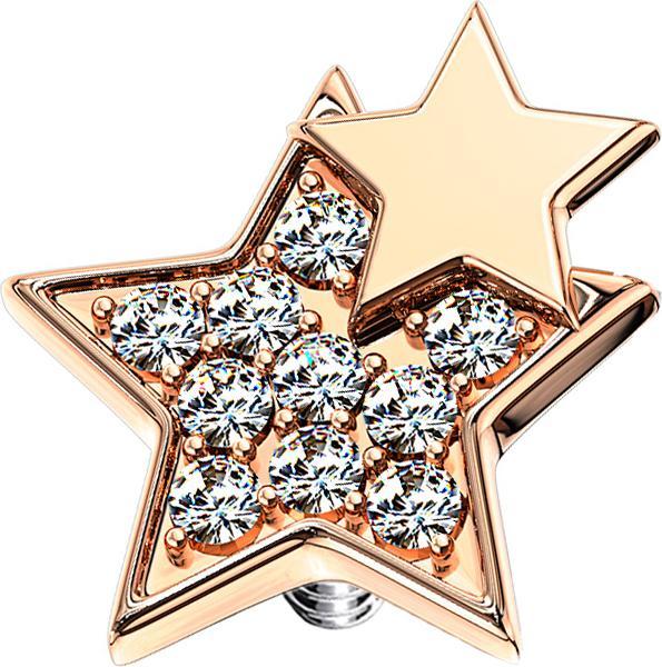 Star Piercing Dermal Anchor rosegold doppelstern mit Kristallen (Chirurgenstahl 316L, Messing)