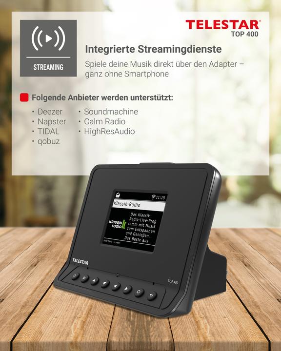 Actual product image Telestar TOP 400 DAB+ Internetradio-Adapter schwarz (DAB+, Web radio, FM, Wi-Fi, Bluetooth)
