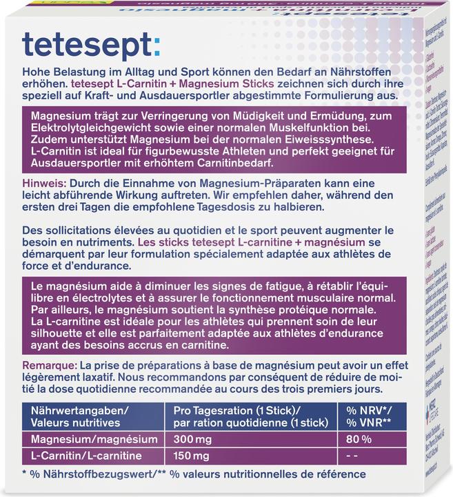 Nutritional values and ingredients Tetesept L-Carnitine + Magnesium (20 Piece, Powder, Sachet, Beutel, 90 g)